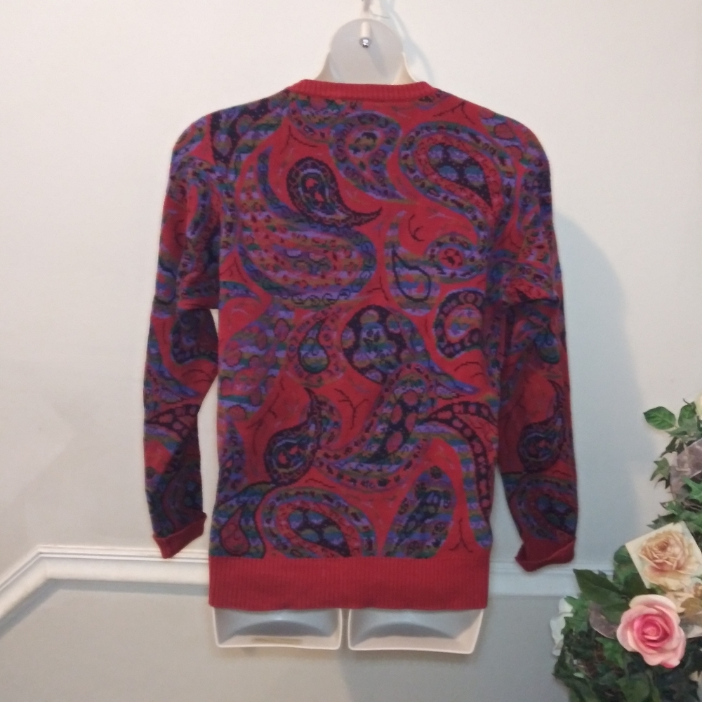 Vintage 80's Men's Grandpa Style Red & Purple Multicolored Paisley Sweater - Picture 6 of 10